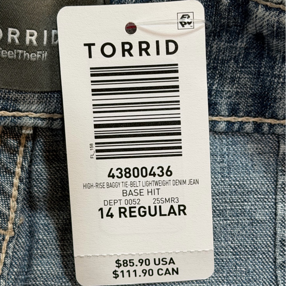 torrid High-Rise Baggy Lightweight Tie-Belt Jeans sz 14R NWT - Picture 10 of 11